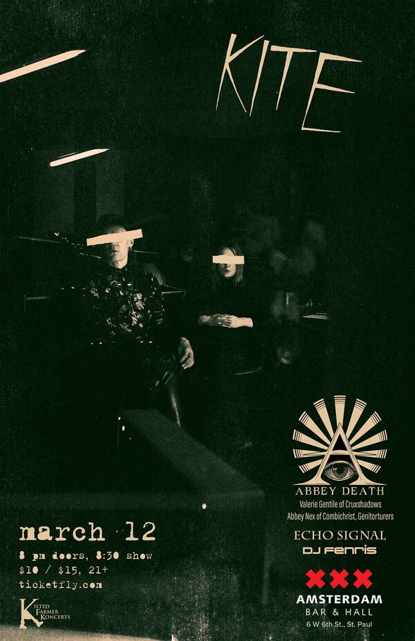 Flyer: Kite with Abbey Death, Echo Signal and DJ Fenris at Amsterdam Bar & Hall, 12 March 2017.